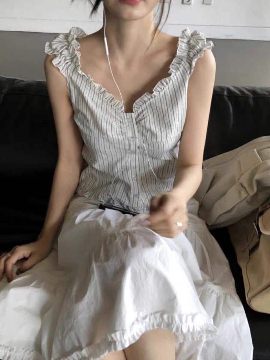재고 있음 chic 부드러운 Pleat 측면 상쾌 블루 스트라이프 수 있습니다. 오프숄더 둘 착용 셔츠 상세 이미지 8
