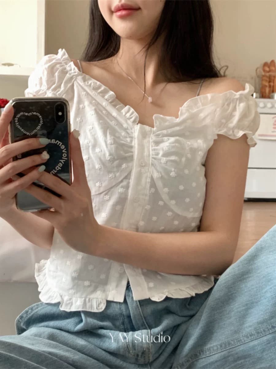재고 있음 chic 부드러운 Pleat 측면 상쾌 블루 스트라이프 수 있습니다. 오프숄더 둘 착용 셔츠 상세 이미지 12