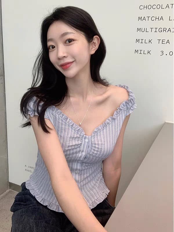 재고 있음 chic 부드러운 Pleat 측면 상쾌 블루 스트라이프 수 있습니다. 오프숄더 둘 착용 셔츠 상세 이미지 20