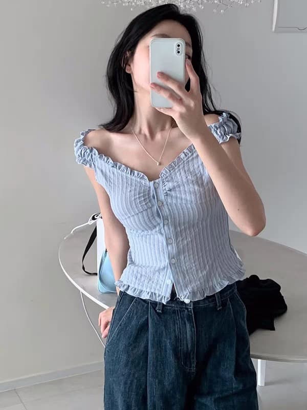 재고 있음 chic 부드러운 Pleat 측면 상쾌 블루 스트라이프 수 있습니다. 오프숄더 둘 착용 셔츠 상세 이미지 22