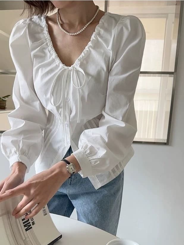 재고 있음 chic 신선함 달콤한 스타일 펌프 로프 레이스업 거품 소매 셔츠 상세 이미지 1