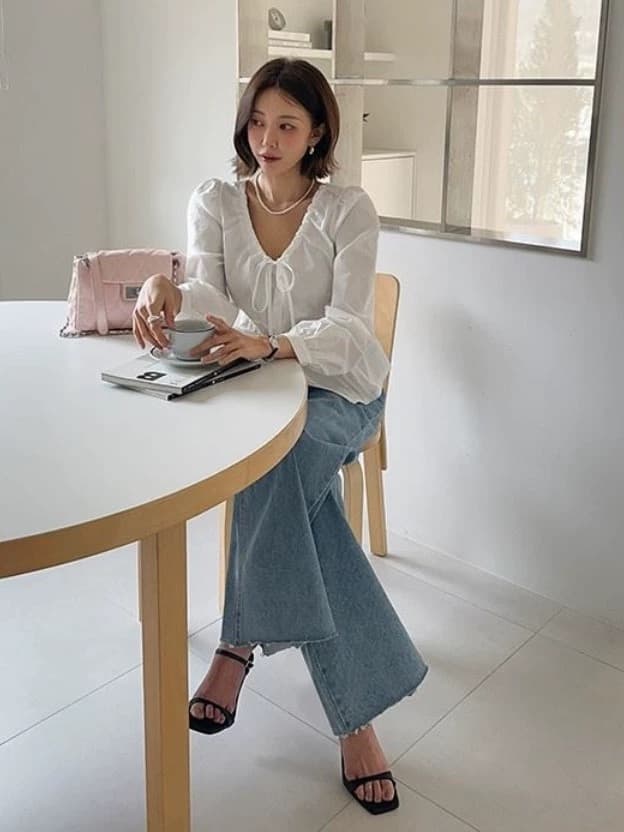 재고 있음 chic 신선함 달콤한 스타일 펌프 로프 레이스업 거품 소매 셔츠 상세 이미지 2