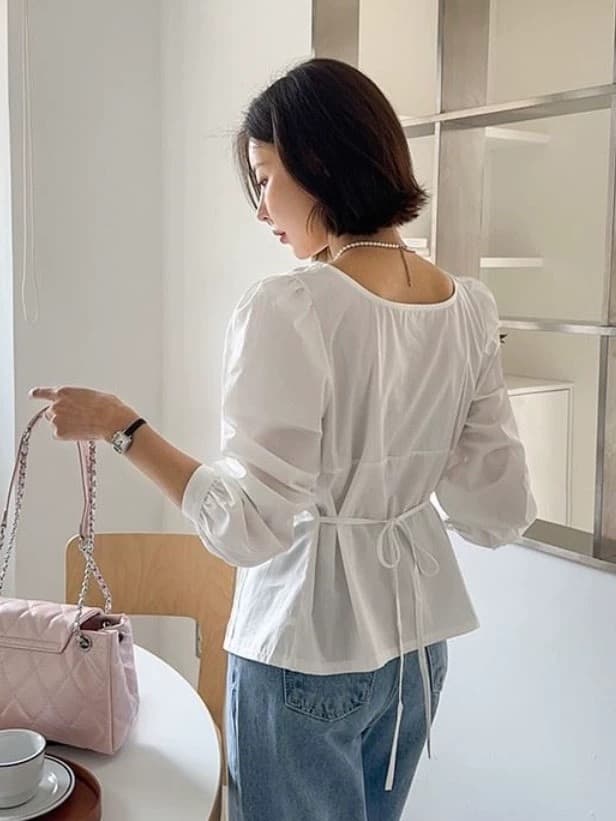 재고 있음 chic 신선함 달콤한 스타일 펌프 로프 레이스업 거품 소매 셔츠 상세 이미지 3