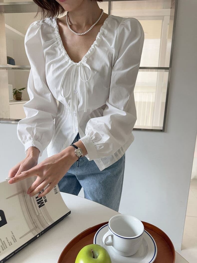 재고 있음 chic 신선함 달콤한 스타일 펌프 로프 레이스업 거품 소매 셔츠 상세 이미지 7