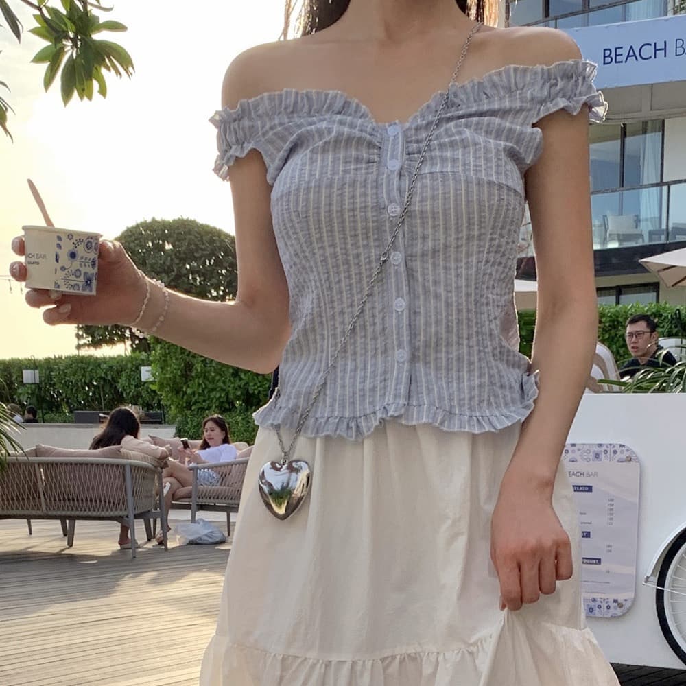 재고 있음 chic 부드러운 Pleat 측면 상쾌 블루 스트라이프 수 있습니다. 오프숄더 둘 착용 셔츠 상세 이미지 1