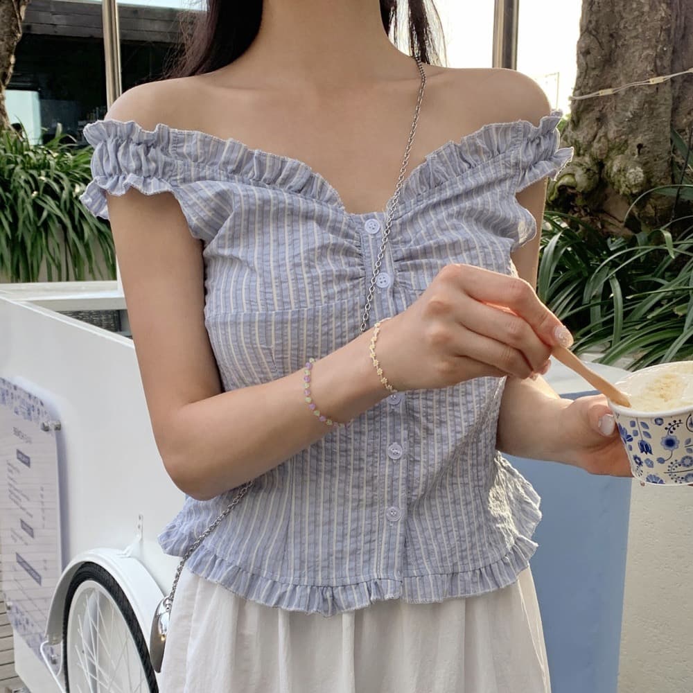 재고 있음 chic 부드러운 Pleat 측면 상쾌 블루 스트라이프 수 있습니다. 오프숄더 둘 착용 셔츠 상세 이미지 2