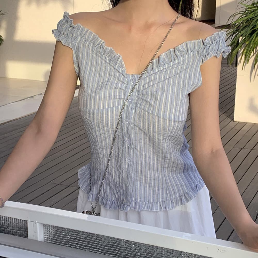 재고 있음 chic 부드러운 Pleat 측면 상쾌 블루 스트라이프 수 있습니다. 오프숄더 둘 착용 셔츠 상세 이미지 3