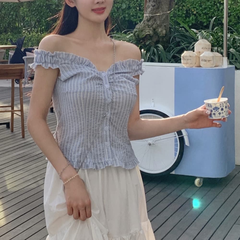재고 있음 chic 부드러운 Pleat 측면 상쾌 블루 스트라이프 수 있습니다. 오프숄더 둘 착용 셔츠 상세 이미지 4