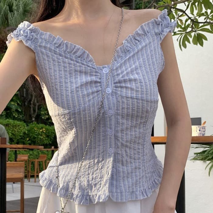 재고 있음 chic 부드러운 Pleat 측면 상쾌 블루 스트라이프 수 있습니다. 오프숄더 둘 착용 셔츠 상세 이미지 5