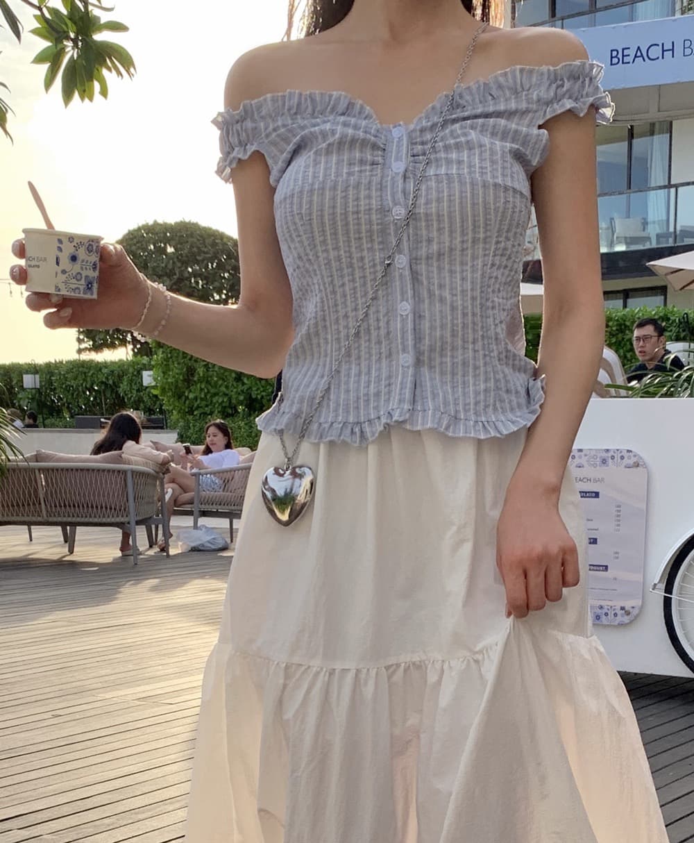 재고 있음 chic 부드러운 Pleat 측면 상쾌 블루 스트라이프 수 있습니다. 오프숄더 둘 착용 셔츠 상세 이미지 9
