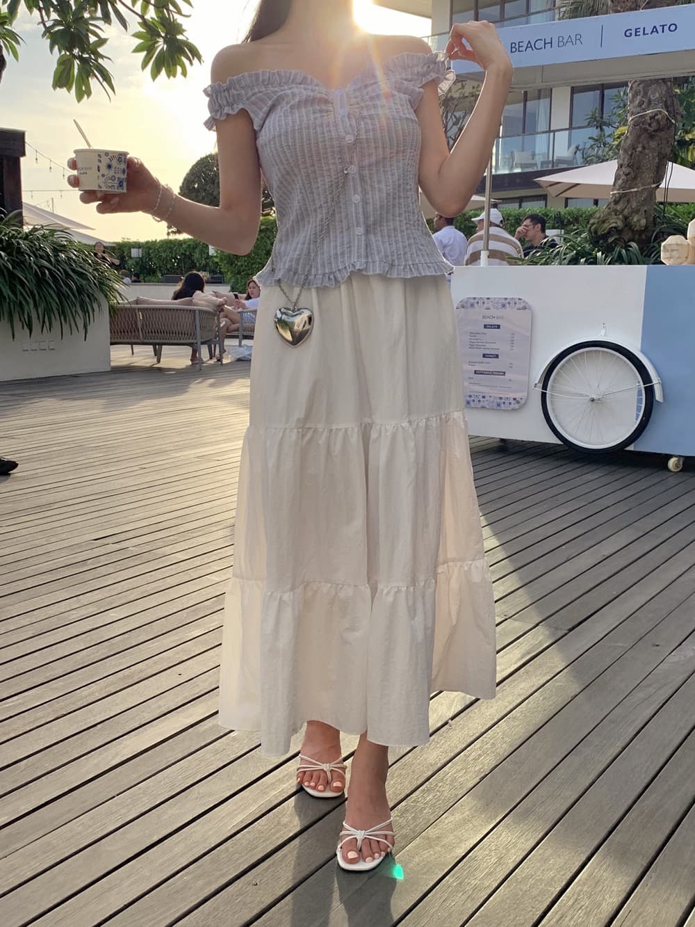 재고 있음 chic 부드러운 Pleat 측면 상쾌 블루 스트라이프 수 있습니다. 오프숄더 둘 착용 셔츠 상세 이미지 11