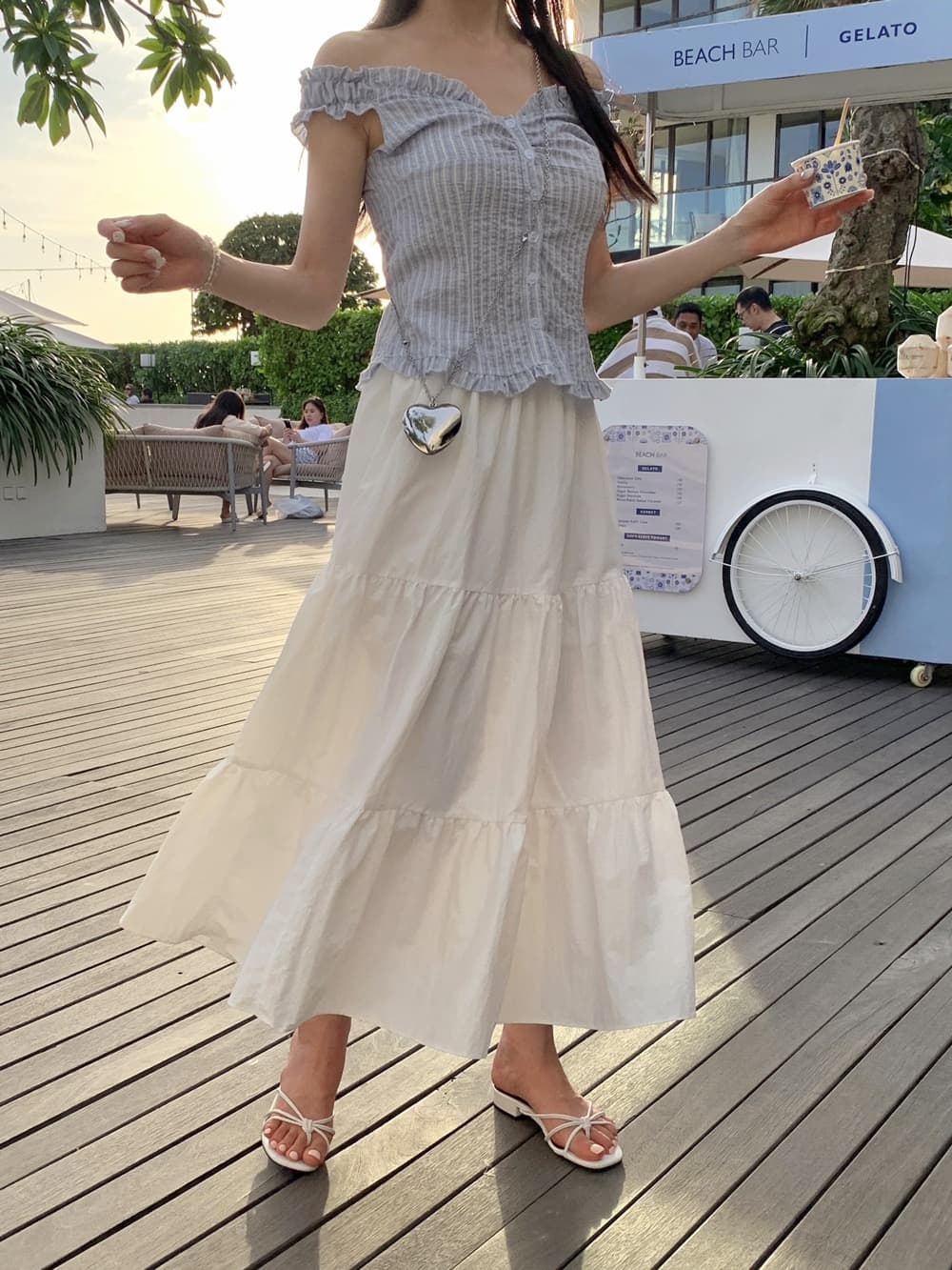 재고 있음 chic 부드러운 Pleat 측면 상쾌 블루 스트라이프 수 있습니다. 오프숄더 둘 착용 셔츠 상세 이미지 14