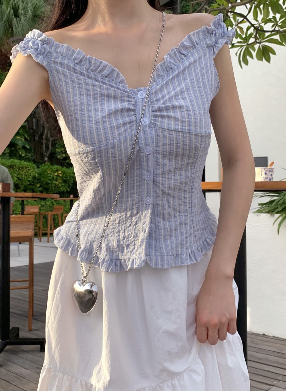 재고 있음 chic 부드러운 Pleat 측면 상쾌 블루 스트라이프 수 있습니다. 오프숄더 둘 착용 셔츠 상세 이미지 20