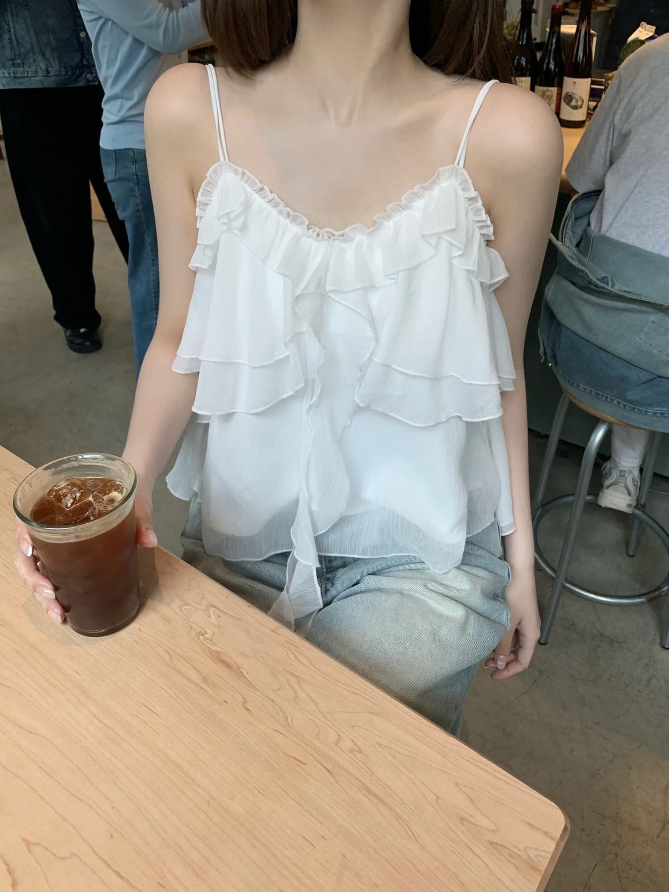 재고 있음 슈퍼 아름다움 레이스 불규칙 슬립 수준 조끼 단색 연꽃 잎 레이스 연령 감소 슬림해 보이는 캐미솔 상세 이미지 8