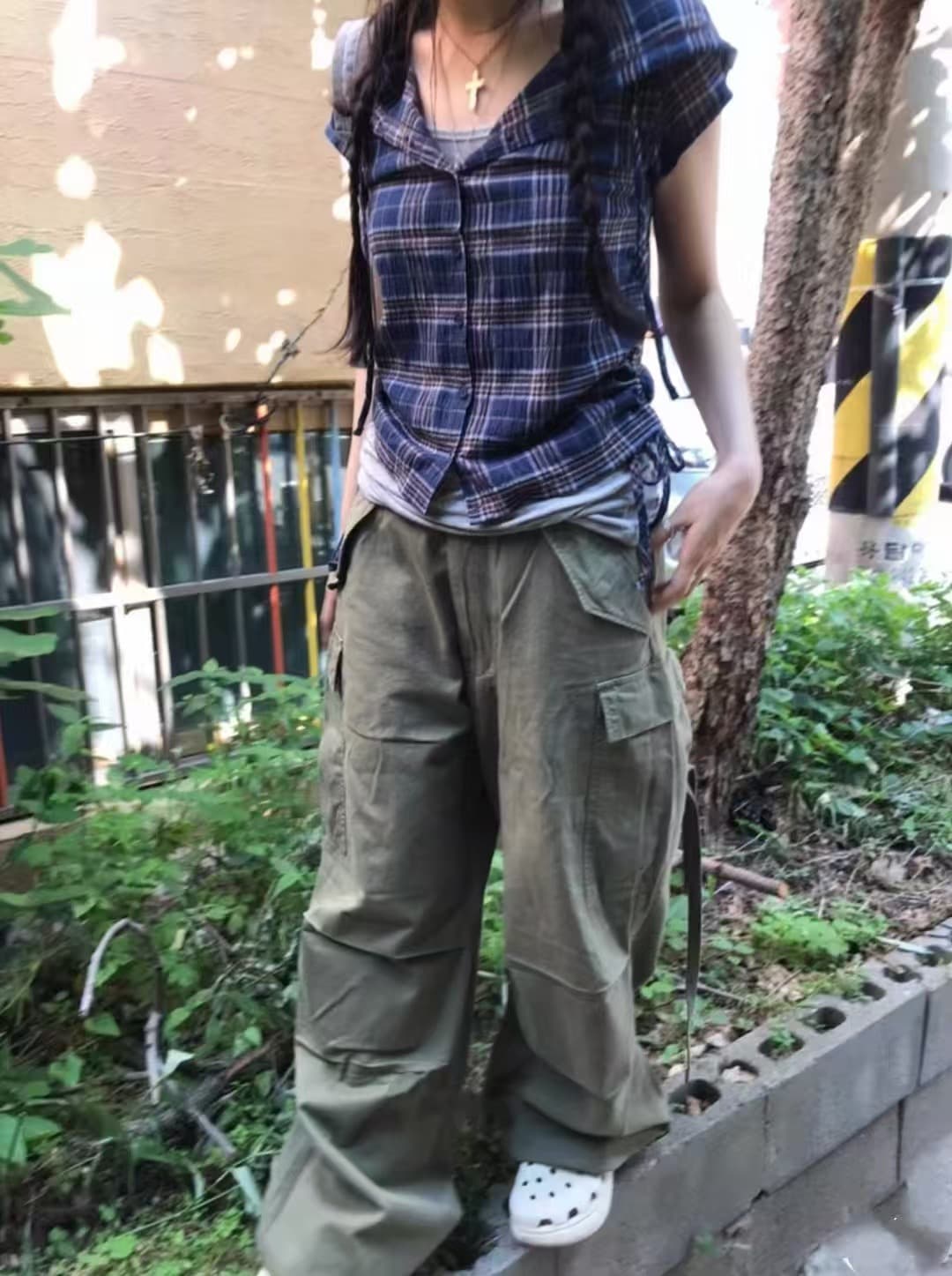 재고 있음 chic 한국 동대문 캐주얼 출퇴근 후드 펌프 로프 격자 무늬 셔츠 상세 이미지 10