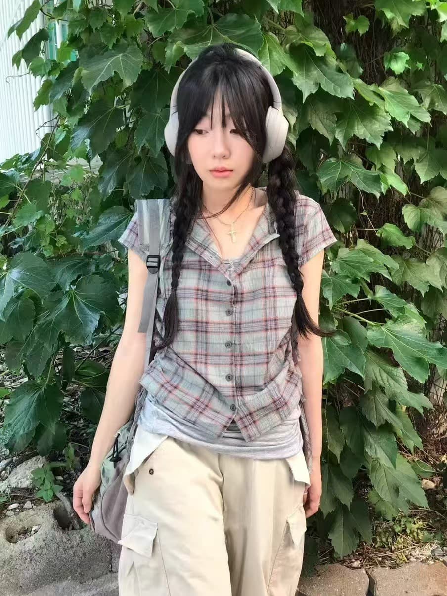 재고 있음 chic 한국 동대문 캐주얼 출퇴근 후드 펌프 로프 격자 무늬 셔츠 상세 이미지 15