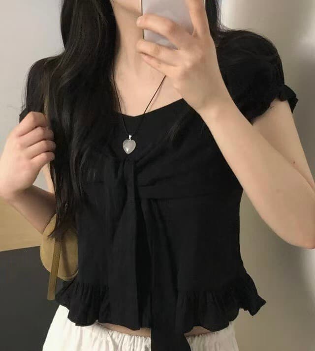 재고 있음 한 부서 여름 섹션 달콤한 미국 칼라 작은 대중 나비 넥타이 프릴 거품 소매 순면 쇼트 스타일 셔츠 이미지 3