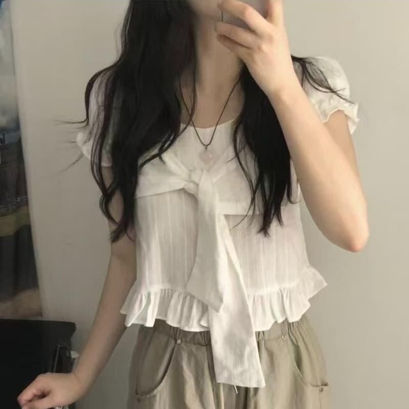 재고 있음 한 부서 여름 섹션 달콤한 미국 칼라 작은 대중 나비 넥타이 프릴 거품 소매 순면 쇼트 스타일 셔츠