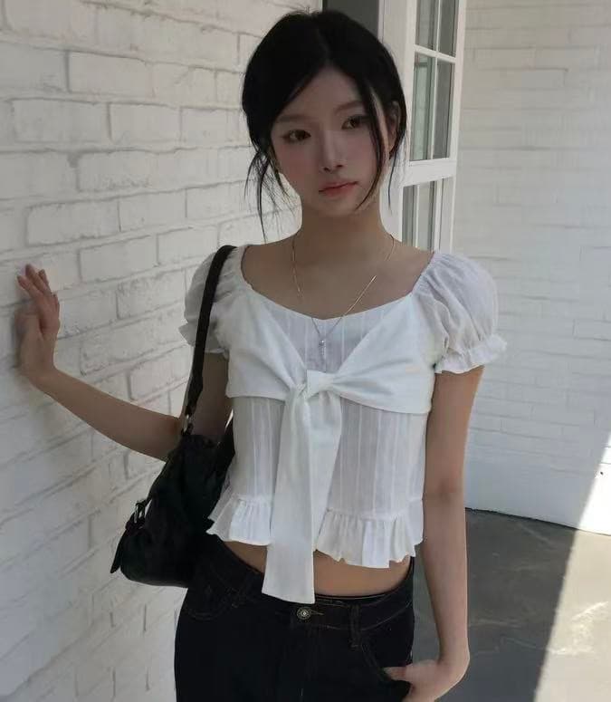 재고 있음 한 부서 여름 섹션 달콤한 미국 칼라 작은 대중 나비 넥타이 프릴 거품 소매 순면 쇼트 스타일 셔츠 상세 이미지 1