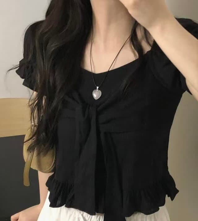 재고 있음 한 부서 여름 섹션 달콤한 미국 칼라 작은 대중 나비 넥타이 프릴 거품 소매 순면 쇼트 스타일 셔츠 상세 이미지 2
