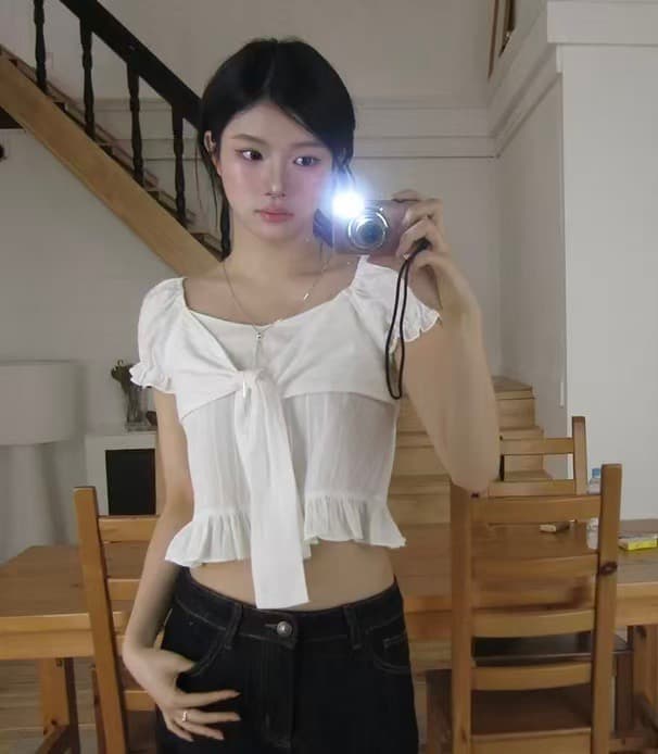 재고 있음 한 부서 여름 섹션 달콤한 미국 칼라 작은 대중 나비 넥타이 프릴 거품 소매 순면 쇼트 스타일 셔츠 상세 이미지 3