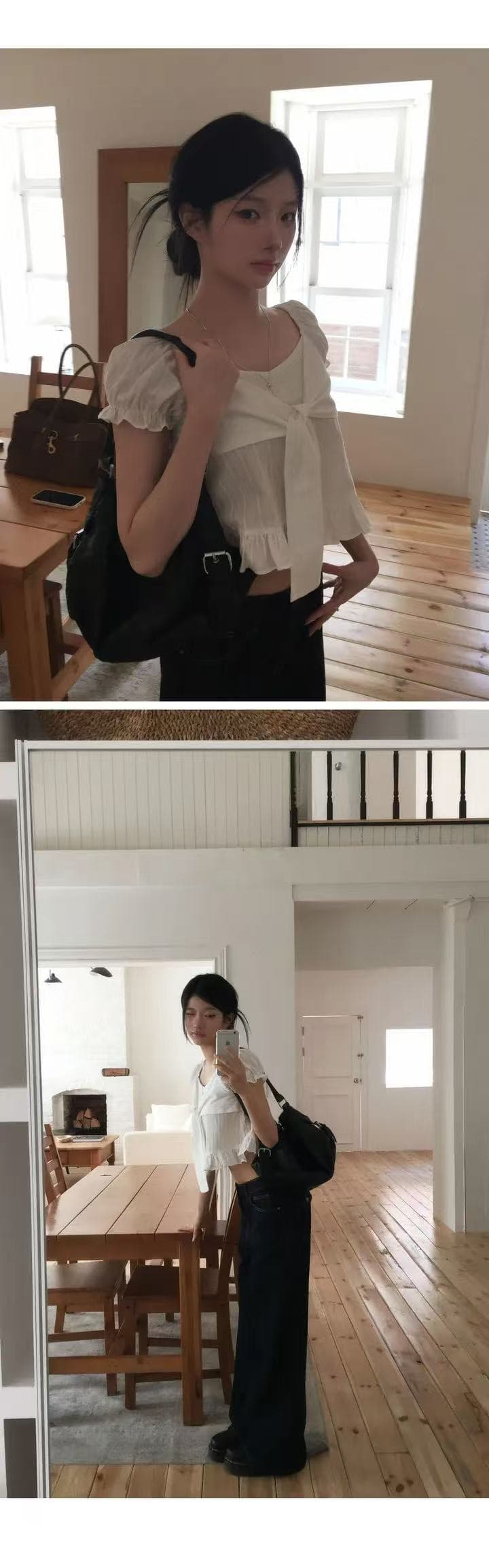 재고 있음 한 부서 여름 섹션 달콤한 미국 칼라 작은 대중 나비 넥타이 프릴 거품 소매 순면 쇼트 스타일 셔츠 상세 이미지 6