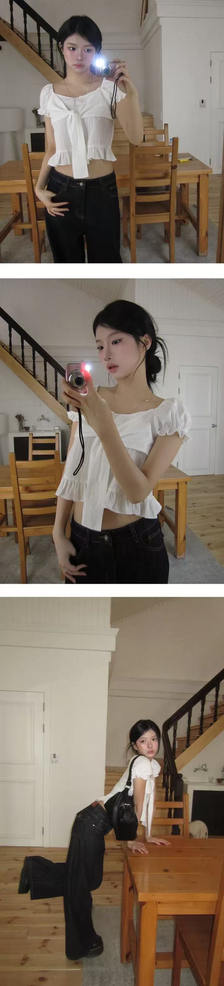 재고 있음 한 부서 여름 섹션 달콤한 미국 칼라 작은 대중 나비 넥타이 프릴 거품 소매 순면 쇼트 스타일 셔츠 상세 이미지 7