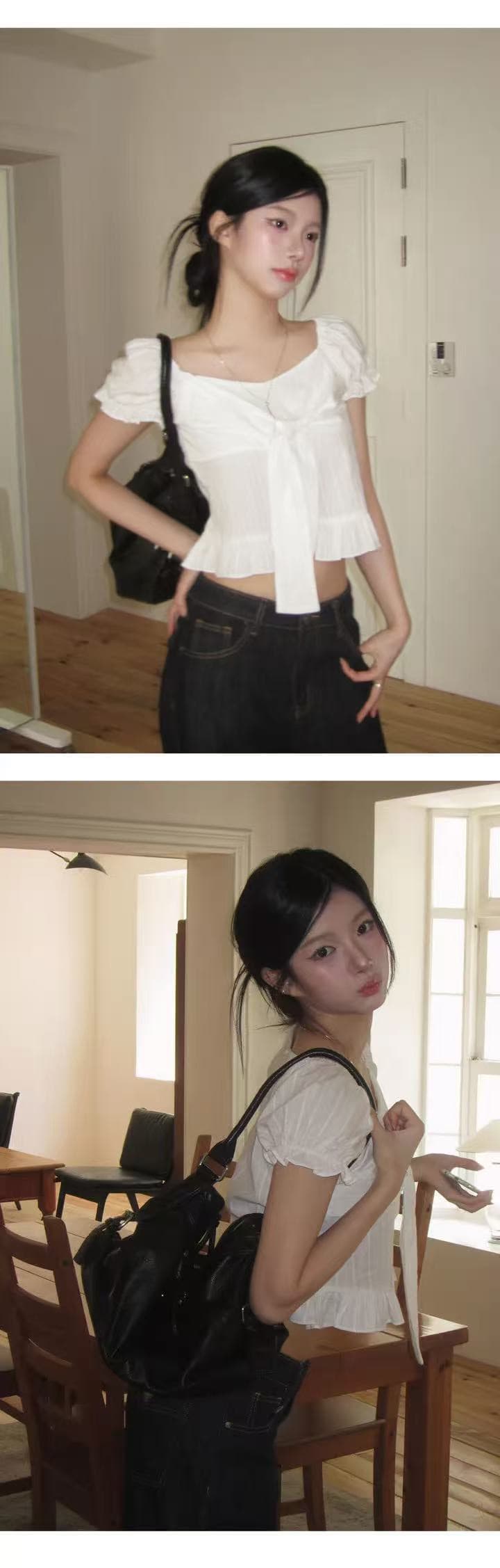 재고 있음 한 부서 여름 섹션 달콤한 미국 칼라 작은 대중 나비 넥타이 프릴 거품 소매 순면 쇼트 스타일 셔츠 상세 이미지 8