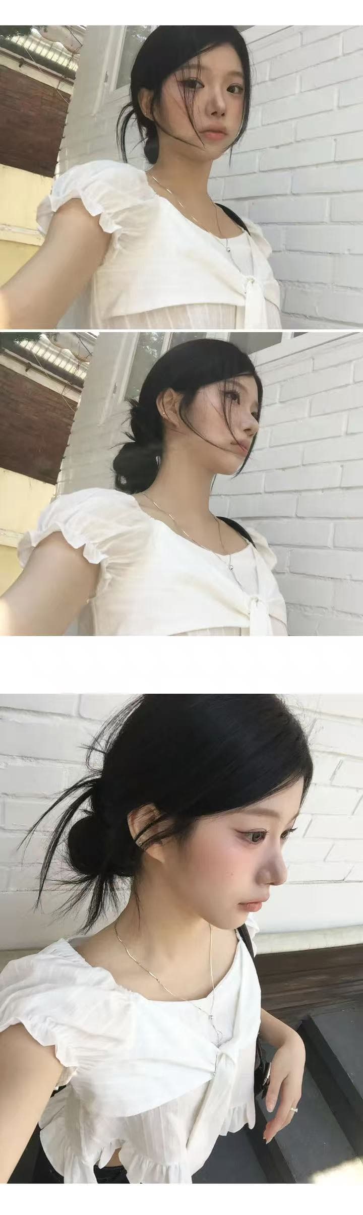 재고 있음 한 부서 여름 섹션 달콤한 미국 칼라 작은 대중 나비 넥타이 프릴 거품 소매 순면 쇼트 스타일 셔츠 상세 이미지 9