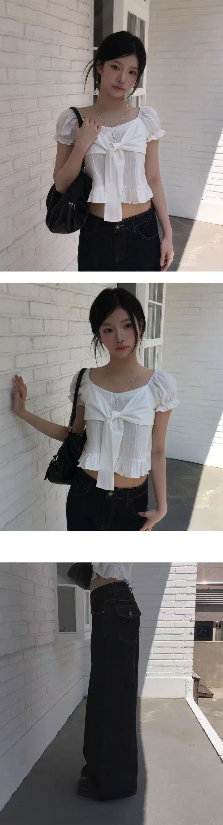 재고 있음 한 부서 여름 섹션 달콤한 미국 칼라 작은 대중 나비 넥타이 프릴 거품 소매 순면 쇼트 스타일 셔츠 상세 이미지 10