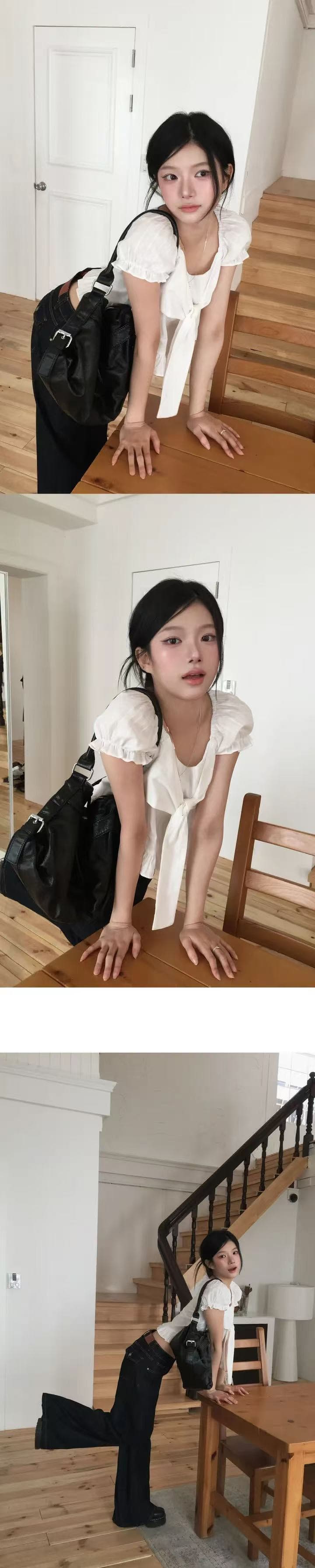 재고 있음 한 부서 여름 섹션 달콤한 미국 칼라 작은 대중 나비 넥타이 프릴 거품 소매 순면 쇼트 스타일 셔츠 상세 이미지 11