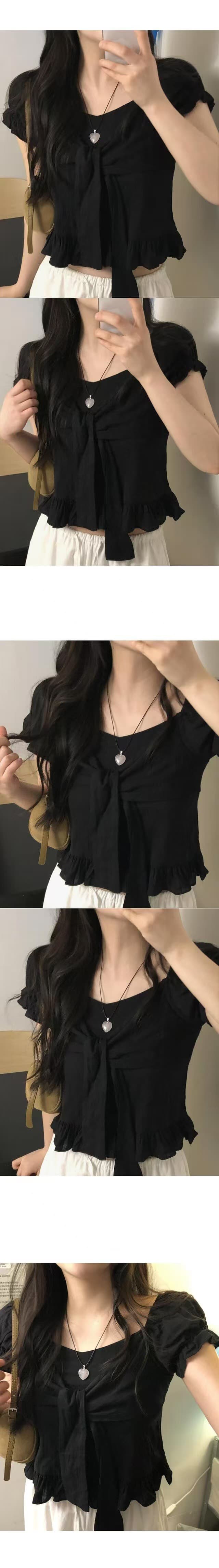 재고 있음 한 부서 여름 섹션 달콤한 미국 칼라 작은 대중 나비 넥타이 프릴 거품 소매 순면 쇼트 스타일 셔츠 상세 이미지 12