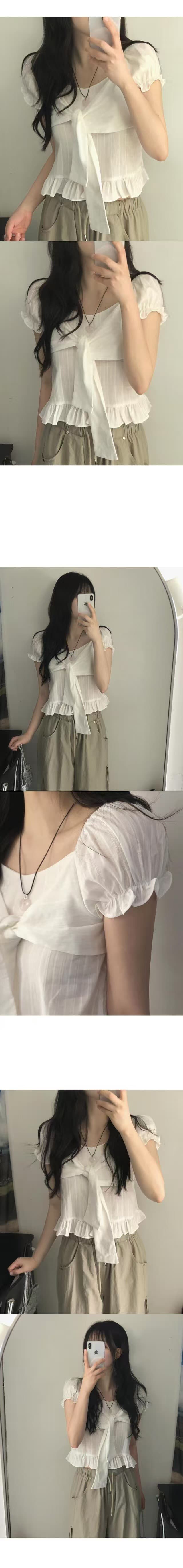 재고 있음 한 부서 여름 섹션 달콤한 미국 칼라 작은 대중 나비 넥타이 프릴 거품 소매 순면 쇼트 스타일 셔츠 상세 이미지 13