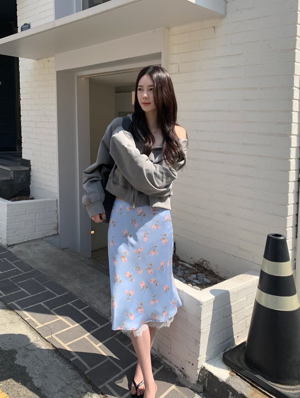 재고 있음 chic 레이스 조각 프린트 반신 스커트 이미지 4
