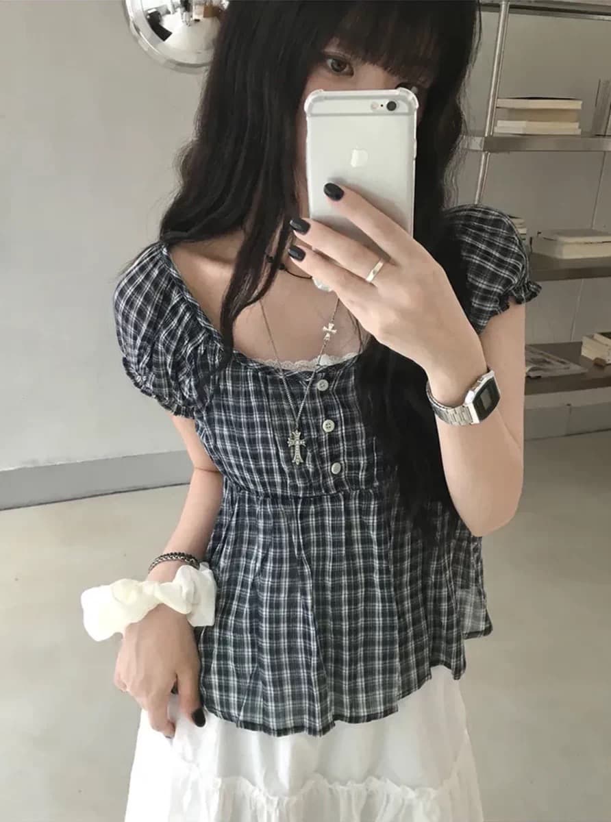 재고 있음 chic 레트로 거품 소매 체크무늬 반팔 셔츠 이미지 4