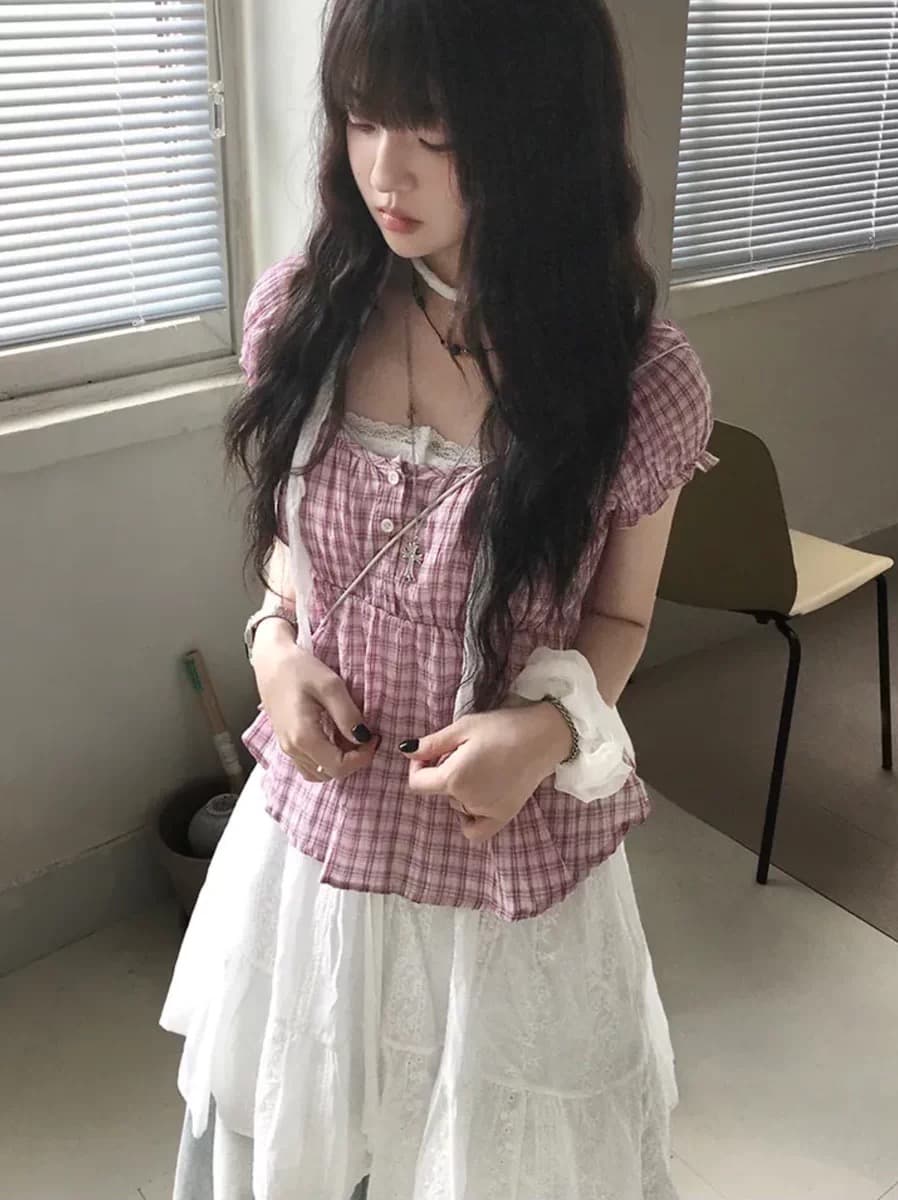 재고 있음 chic 레트로 거품 소매 체크무늬 반팔 셔츠 상세 이미지 2
