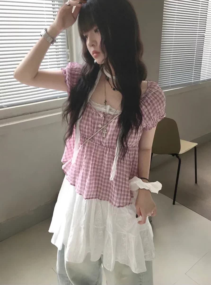 재고 있음 chic 레트로 거품 소매 체크무늬 반팔 셔츠 상세 이미지 4