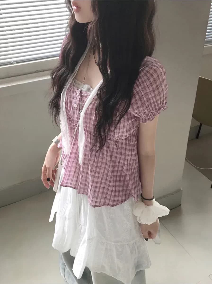 재고 있음 chic 레트로 거품 소매 체크무늬 반팔 셔츠 상세 이미지 5