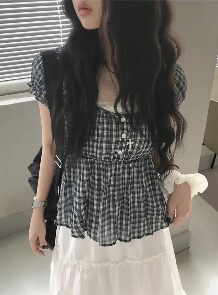 재고 있음 chic 레트로 거품 소매 체크무늬 반팔 셔츠 상세 이미지 7