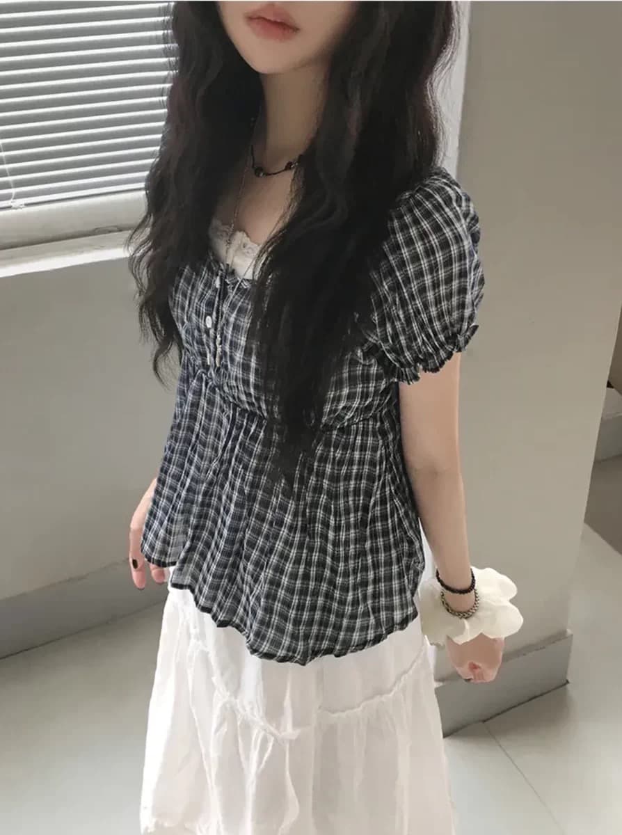 재고 있음 chic 레트로 거품 소매 체크무늬 반팔 셔츠 상세 이미지 8