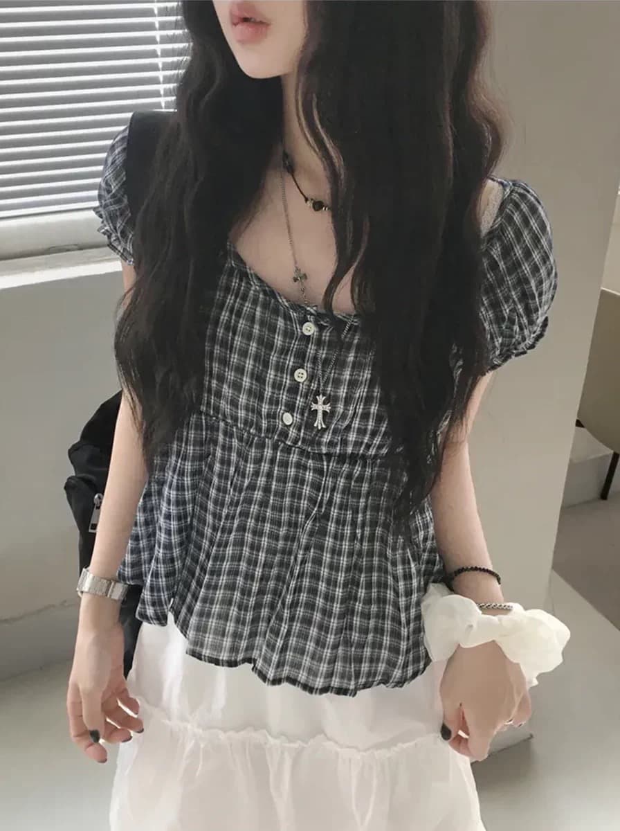 재고 있음 chic 레트로 거품 소매 체크무늬 반팔 셔츠 상세 이미지 9