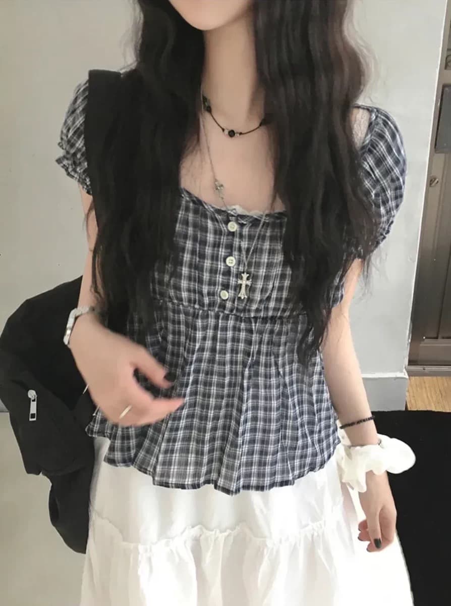 재고 있음 chic 레트로 거품 소매 체크무늬 반팔 셔츠 상세 이미지 10