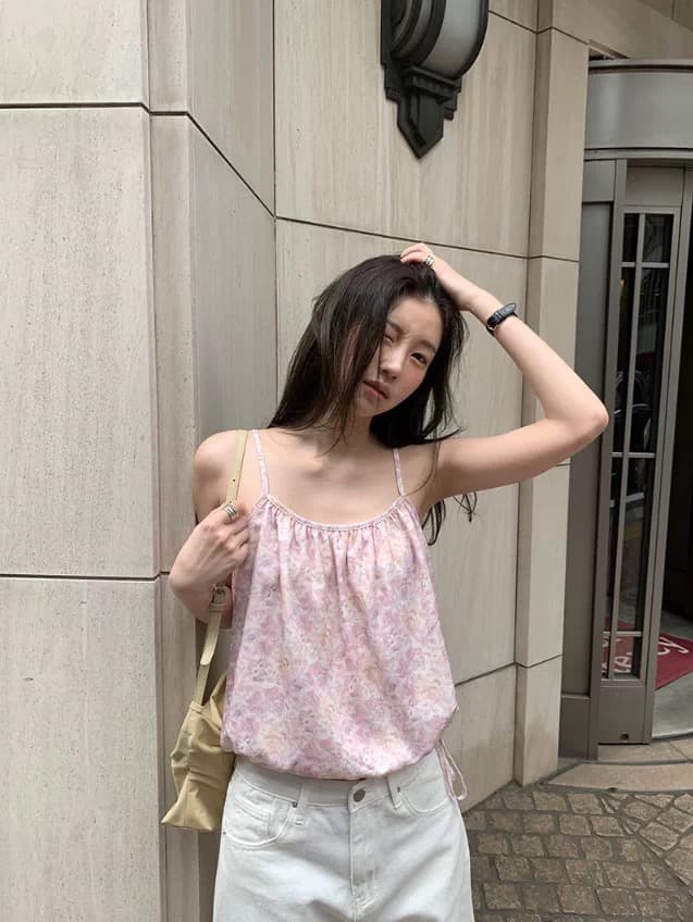 chic 다용도 여름 밑단 펌프 로프 신선함 꽃무늬 쇼트 스타일 캐미솔 이미지 2