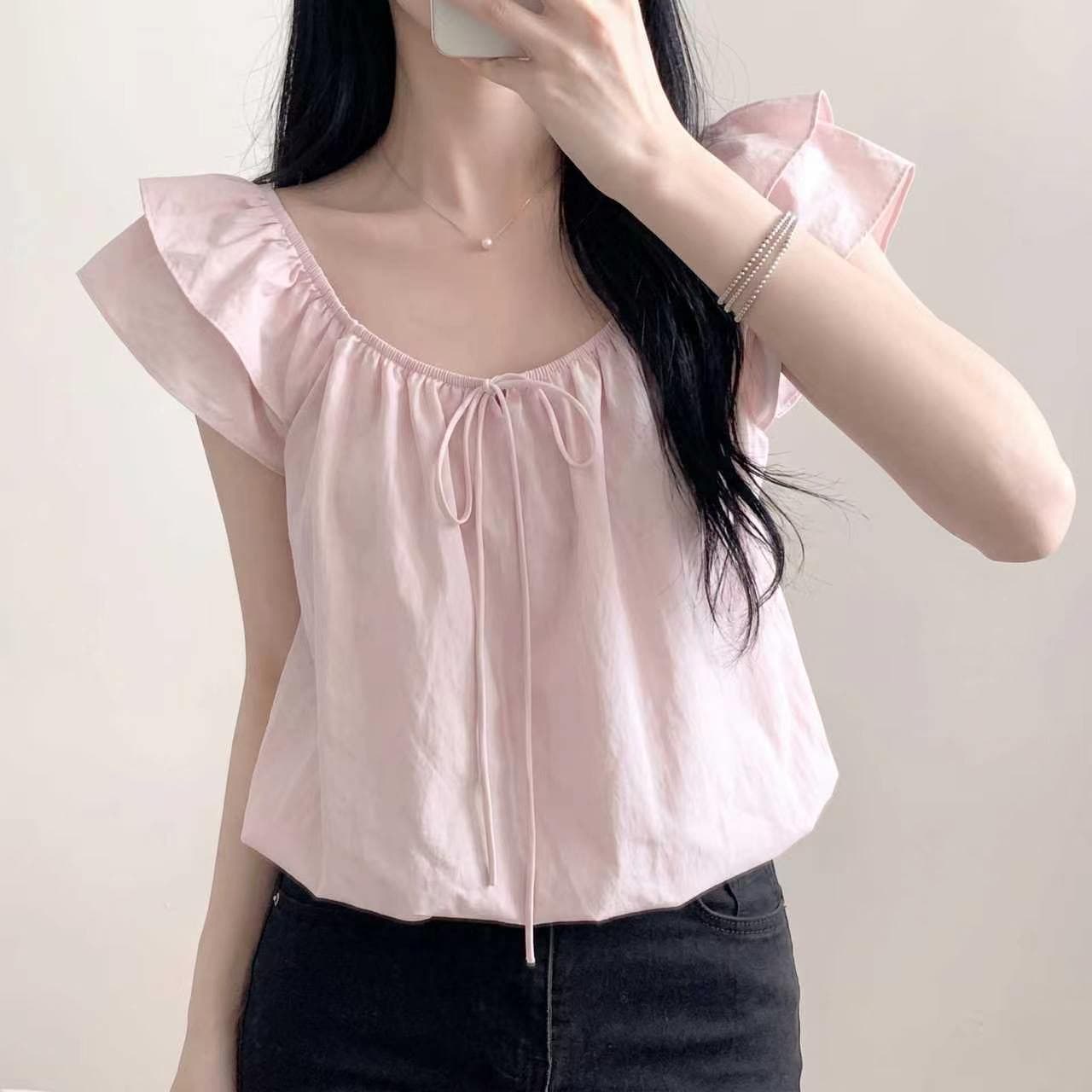chic 한 부서 연령 감소 광장 칼라 거품 소매 인형 셔츠 상세 이미지 2