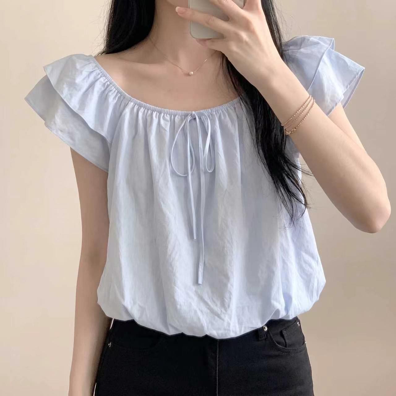 chic 한 부서 연령 감소 광장 칼라 거품 소매 인형 셔츠 상세 이미지 3