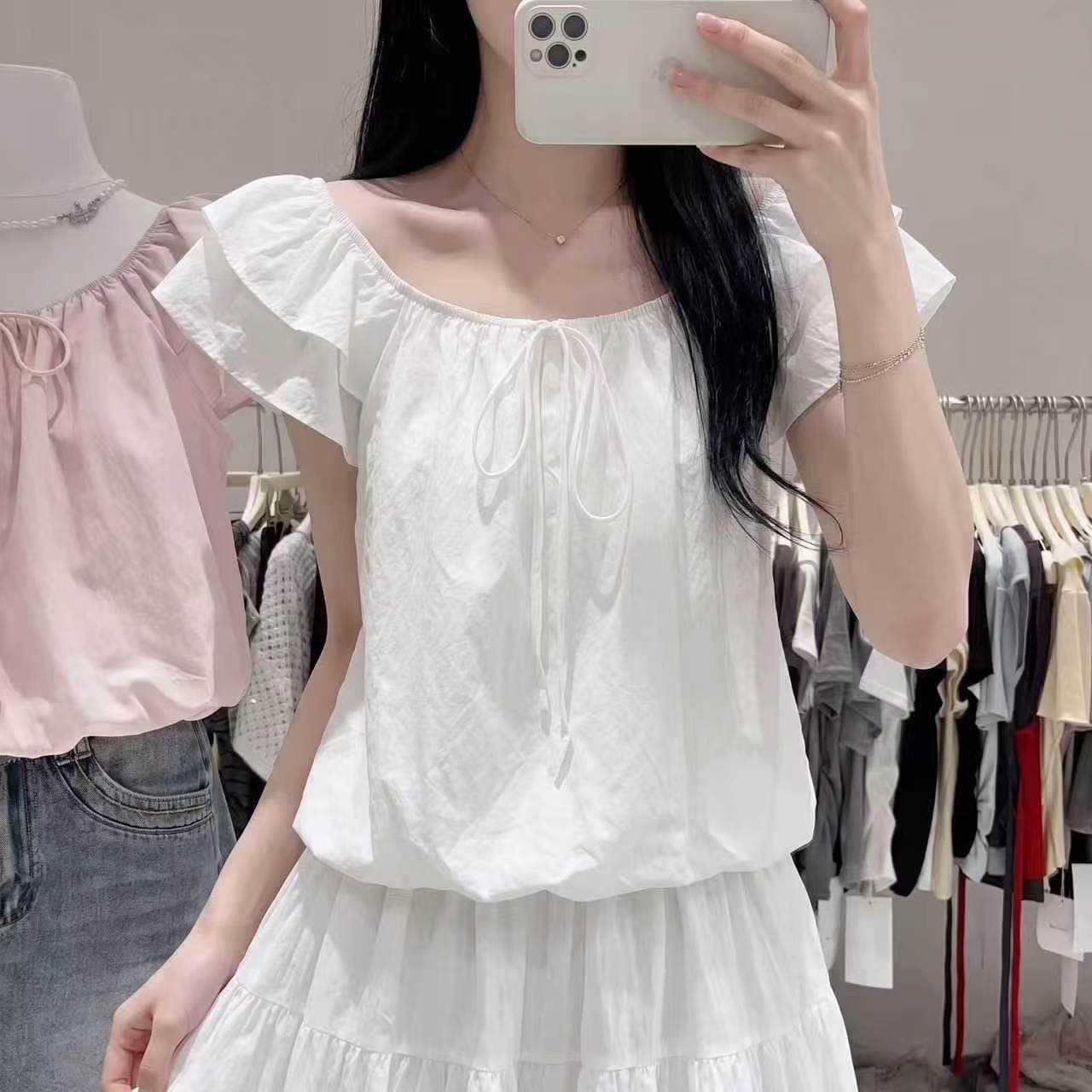chic 한 부서 연령 감소 광장 칼라 거품 소매 인형 셔츠 상세 이미지 4