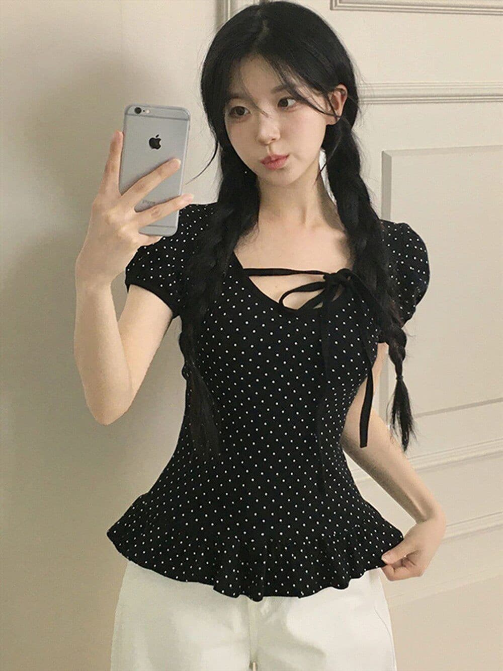 재고 있음 chic Chic 스트랩 u 칼라 연꽃 잎 옆으로 눕다. 바르게 되다 어깨 티셔츠 상세 이미지 8