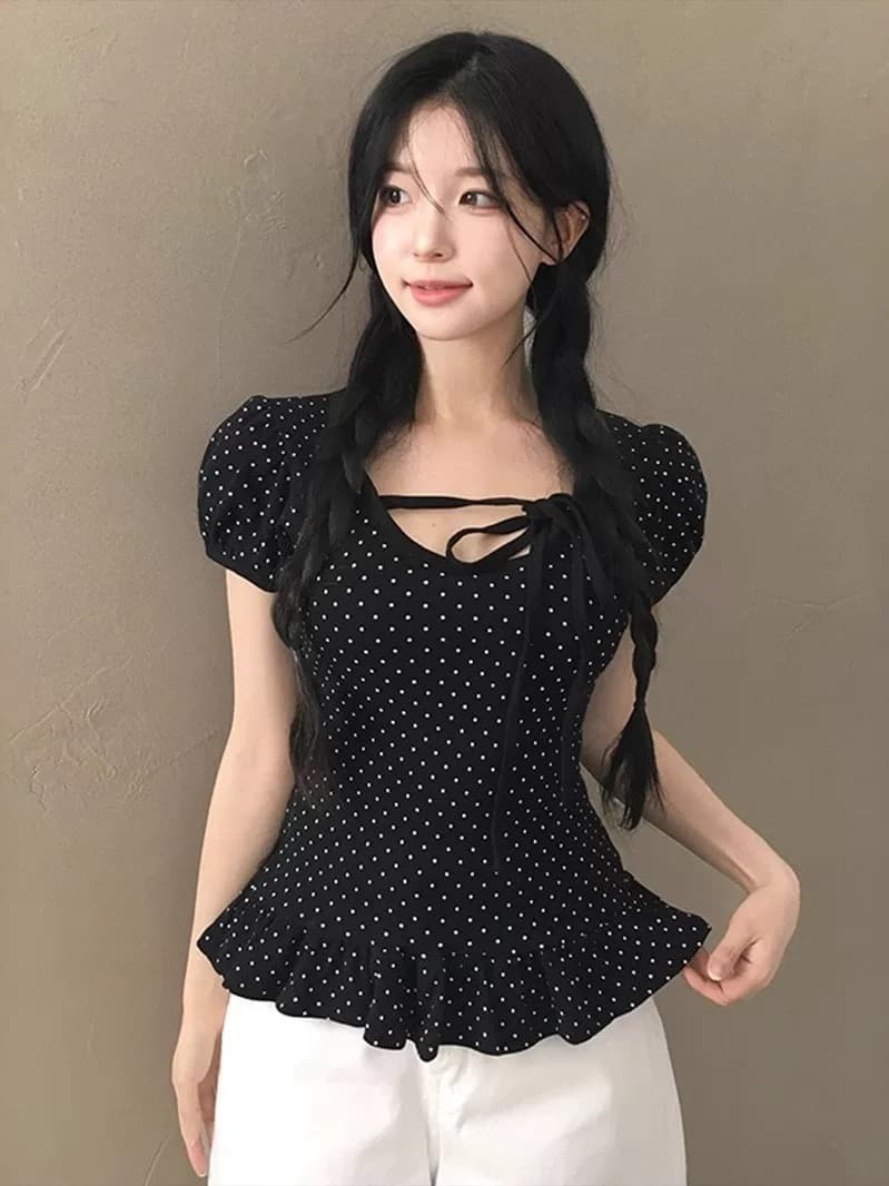 재고 있음 chic Chic 스트랩 u 칼라 연꽃 잎 옆으로 눕다. 바르게 되다 어깨 티셔츠 상세 이미지 11