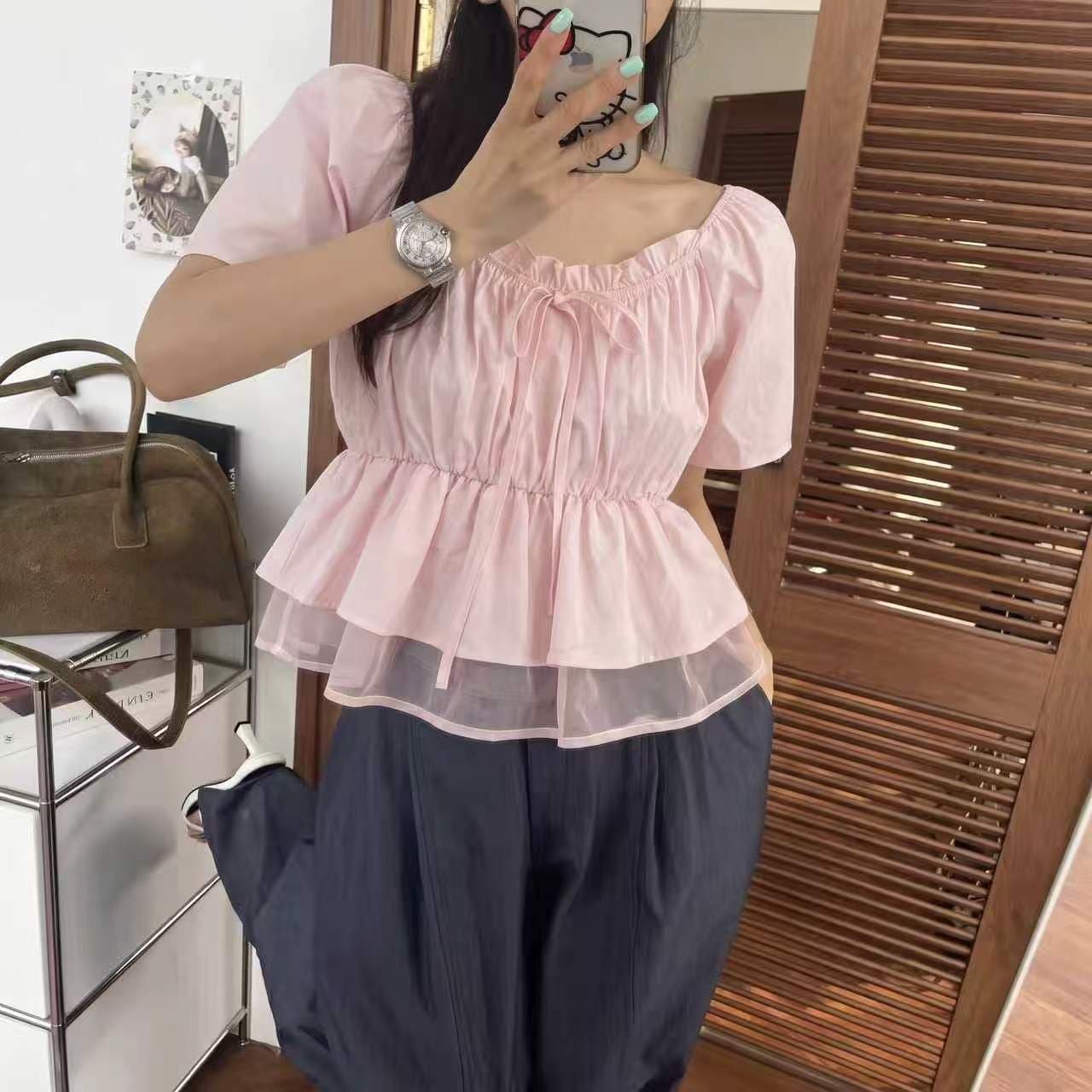 재고 있음 연령 감소 달콤함 패치워크 다용도 반팔 맨위 셔츠 이미지 4