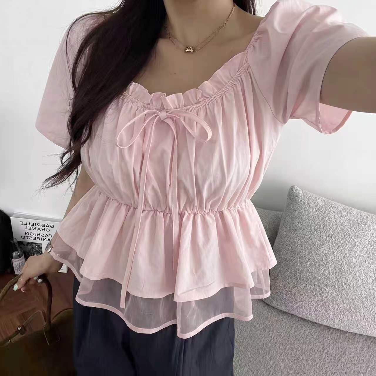 재고 있음 연령 감소 달콤함 패치워크 다용도 반팔 맨위 셔츠 상세 이미지 1
